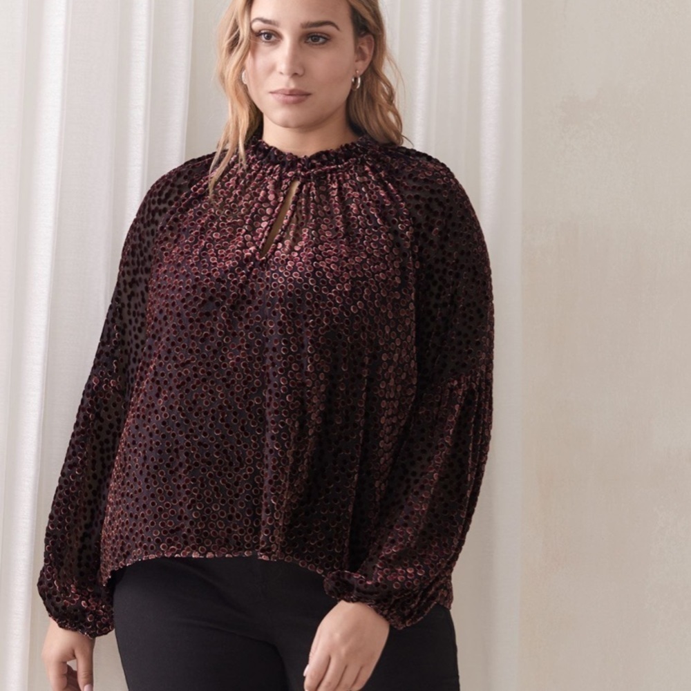 NWOT Addition Elle Balloon-Sleeve Burnout Velvet Blouse color Winetasting size X